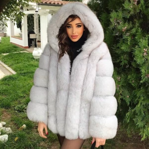 Women Full Pelt Natural White Real Fox Fur Coat Hooded Jacket Overcoat Outwear - Bild 1 von 16