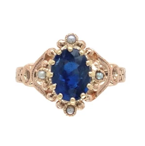 Victorian 10k Rose Gold 1.62 Carat Blue Sapphire and Seed Pearl Ring (#J7002) - Picture 1 of 9