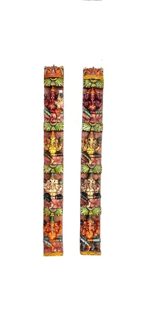 Lord Ganesha Multi Colour Deep Hand Carved Vertical Wall Wooden Panel (PAIR) Cover