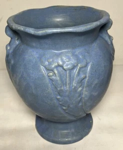 Antique Early 1900s Brush McCoy  Blue Vellum Vase Flower Forget Me Not Floral 8” - Picture 1 of 12