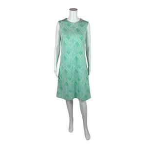 Vintage 60s Shift Dress Women's Medium Mint Green Fair Isle Heart Print Knit - Picture 1 of 7