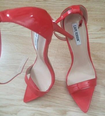 Sandalias de tacón de aguja de charol rojo puntiagudo punta abierta para mujer talla 7,5 Foto 1 de 4