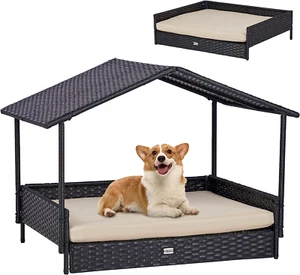 2-In-1 Wicker Dog House,Elevated Dog Bed for Indoor/Outdoor with Removable Canop - Picture 1 of 8