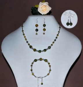 Sets Jewelry.Gemstone Natural Dragons Vein Agate Olive Faceted.earring925(98) - Picture 1 of 2