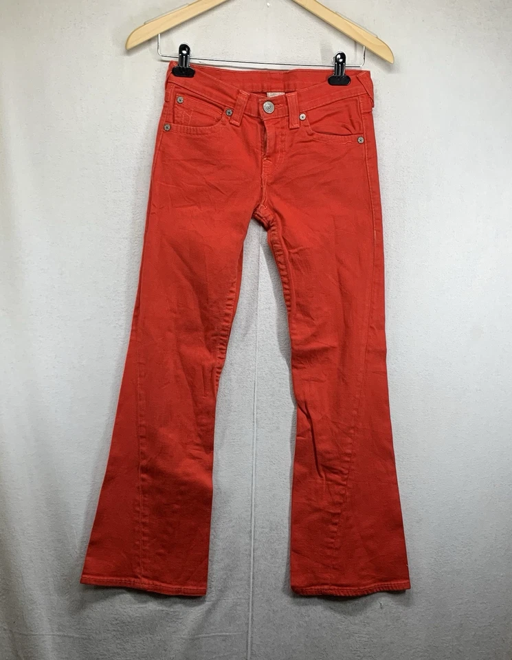 Pantalones de mezclilla Joey True Religion para niñas 12 puntada de cuerda Y2K solapa bolsillo rojo desvanecido DEFECTOS Foto 1 de 4