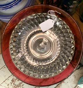 HUGE Indiana RUBY RED Glass 13.5” Diamond Point Large Crystal Bowl VTG - Picture 1 of 4