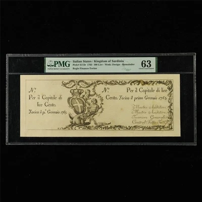 1765 Italian States/Kingdom of Sardinia 100 Lire Pick#S113r PMG 63 UNC Remainder - Image 1 of 4