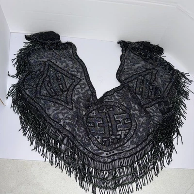 Vintage Iridescent Black Bead Fringe Shawl Wrap Hip Scarf Beaded Festival Costum - Image 1 of 4