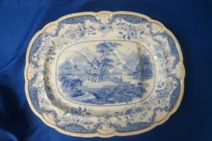 Plato grande azul y blanco Davenport con patas ovaladas con árbol de jugo y pozo - Imagen 1 de 1