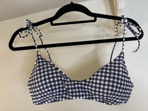 J CREW Navy Blue Seersucker Gingham Bikini Top L Bow Tie Straps - Picture 1 of 5