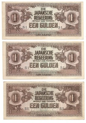 1942 Japanese Dutch East Indies 1 Gulden Invasion Money Banknotes 3 Uncirculated - Image 1 of 2