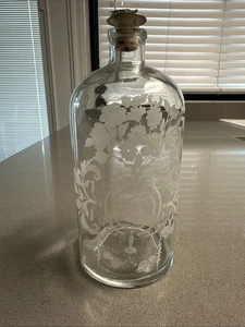Vintage Portugal Etched Glass 10” Liquor Decanter Apothecary Floral Bottle - Picture 1 of 6