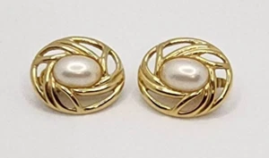 Trifari Gold Tone Faux Pearl Cabochon Framed Oval Clip On Earrings - Picture 1 of 7