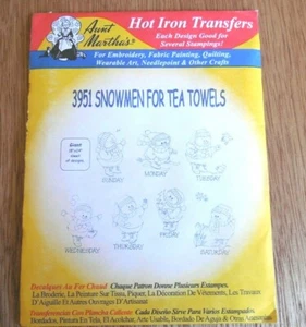 NEW Vintage Aunt Martha's Hot Iron Transfers #3951 "Snowmen Tea Towels" Day/Wk - Picture 1 of 3