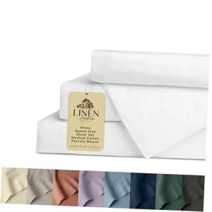 Washed Cotton Percale Sheet Set, Deep Queen White Washed Solid Sheet Set - Picture 1 of 7