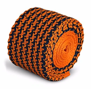 Frederick Thomas Knitted Silk Mens Tie - Dark Navy Blue and Orange - Houndstooth - Picture 1 of 4