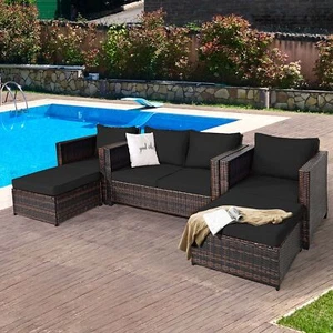 5PCS Outdoor Patio Rattan Conversation Sofa Furniture Set w/ Black Cushions - Picture 1 of 9