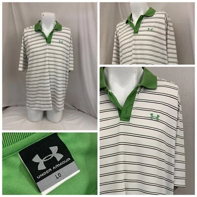 Camisa de golf Under Armour L blanca verde a rayas polo poli elástico YGI X1-303 Foto 1 de 4
