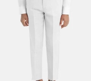 Boy's White Elegant Dress Pants Belted Junior Kids Flat Front Slim Fit W Belt - Picture 1 of 13