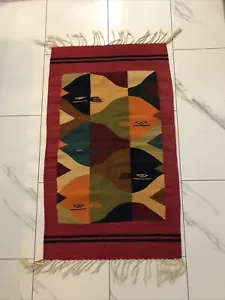 Vintage Mexican School of Fish Woven Wool Tapestry Green Throw Rug 60" x 30" - Picture 1 of 5