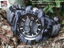 Black Gray Camouflage Survival Paracord Band Compass Whistle Digital Watch