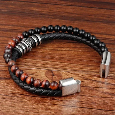 Oeil de tigre Obsidienne perle mode Reiki force hommes Bracelet en cuir cadeau - Photo 1/4