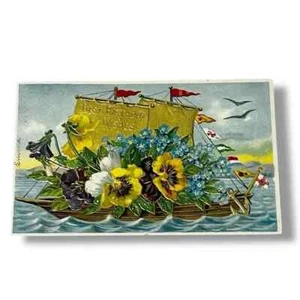 Postcard Best Birthday Wishes Ship Flowers Embossed Gilded c1909 C730 - Picture 1 of 2