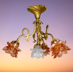 Antique French Spiral Chandelier Ceiling Light Pink & White Rose shades 42cm - Picture 1 of 11