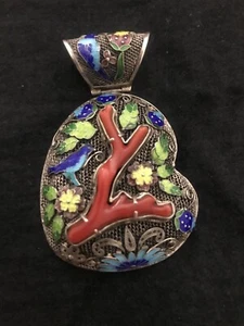 Large Antique Chinese Export Red Coral Silver Enamel Pendant Qing Dynasty - Picture 1 of 6