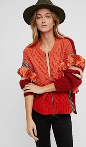 NWOT Free People Fiesta Fringe Bomber Jacket Sweater Tassel Ombré Sunset Size S - Picture 1 of 2