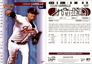 Cesar Carrillo 2007 MultiAd Pacific Coast League Top Prospects #25 RC Card
