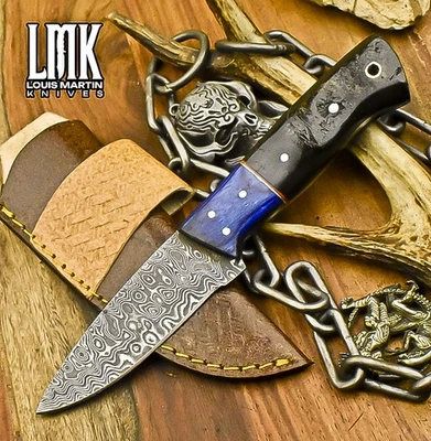 Cuchillo desollador artesanal LMK escalera cuerno de carnero damasco refuerzo de madera senderismo Foto 1 de 4