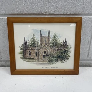 ORIGINAL VINTAGE Frame Framed Art Huon Pine Church Port Arthur Tasmania - Bild 1 von 7