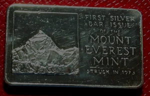 1973 First Silver Bar Issued by Mt. Everest Mint 1 Troy oz..999 Fine Silver - Bild 1 von 3