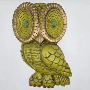 Vintage Chalkware Big Eyes Owl Kitsch Retro Wall Art Green Gold Decor MCM 19" - Picture 1 of 18