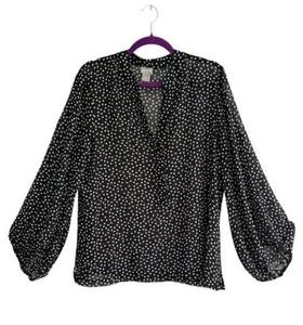 Chico's Black White Polka Dots Sheer Blouse Balloon Sleeves Size 2 (US 12) - Picture 1 of 8