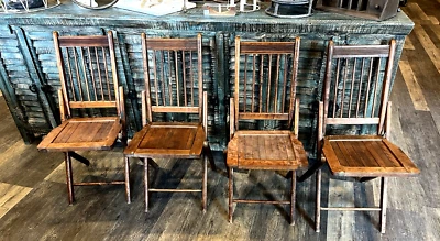 ANTIQUE FOLDING WOODEN CHAIRS FROM TRAIN STATION SET OF 4 NORTHERN IOWA (LG - Image 1 of 4