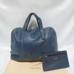 LOEWE Hand Bag Mini Boston Bag Logo Leather Blue Authentic Used Excellent+ Japan - Picture 1 of 24