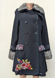 Desigual 17E2915 Size 42 womens black bubble hem embroidery wool blend coat - Picture 1 of 22