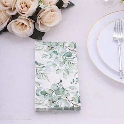 20 White 2 Ply Disposable Dinner Paper NAPKINS Green Leaves Design Party Events - Image 1 of 4