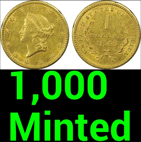 1849 No-L PCGS AU55 Tiny 1,000 Mintage as per Mint! Sleeper KEY Gold Dollar G$1 Cover