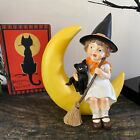 Halloween Little girl Witch Sitting On Moon Black Cat Figurine Vintage Style NEW
