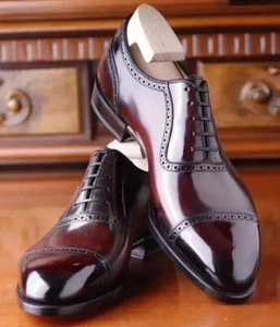 Bespoke Handmade Men's Leather Burgundy Oxford Formal Lace Up toe cap Dress Shoe - Picture 1 of 9