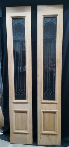 Pair of Full Length Oak Side Lites with Wrought Iron in Textured Glass Cover