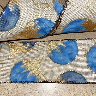 2.5" x 10 Yards Christmas Wired Ribbon Blue Sparkle Gold Ornament Design New - Image 1 of 4