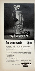 Palos de golf y bolsa United The Extra Care Airline 1963 $4,00 anuncio impreso vintage de los años 60 - Imagen 1 de 1