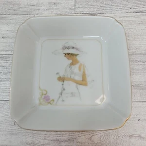 Vtg 1978 Enesco "Elegance" Trinket Dish Josephine Currie Woman White Hat Square - Picture 1 of 7