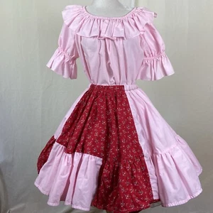 Square Dance Outfit Pink Red Floral Skirt Pink Square Up Blouse - Picture 1 of 8