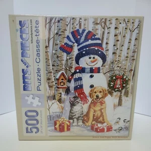 Jigsaw Puzzle By Bits And Pieces 500 Kitten And Puppy With Snowman Sealed - Picture 1 of 5