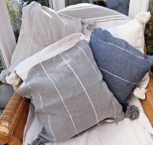 LOOM WOVEN WOOL & COTTON SCATTER CUSHIONS * POM-POMS TASSELS 18"  - Picture 1 of 14